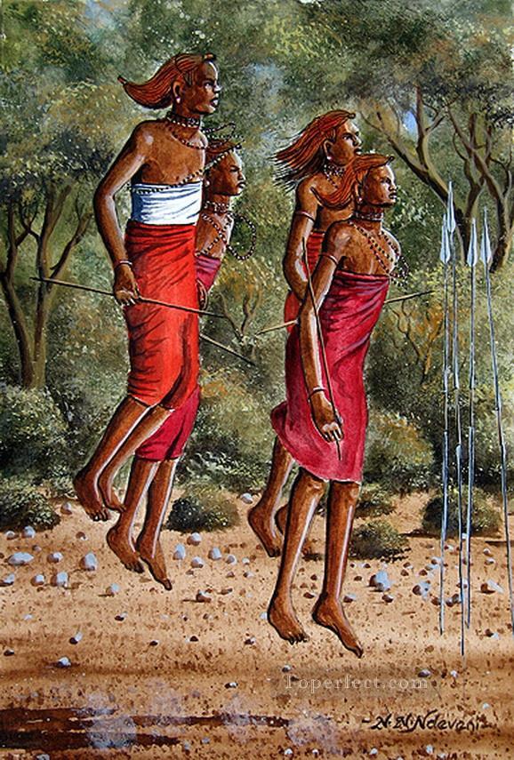 Ndeveni Maasai Morans danse près de la forêt de l’Afrique Peintures à l'huile